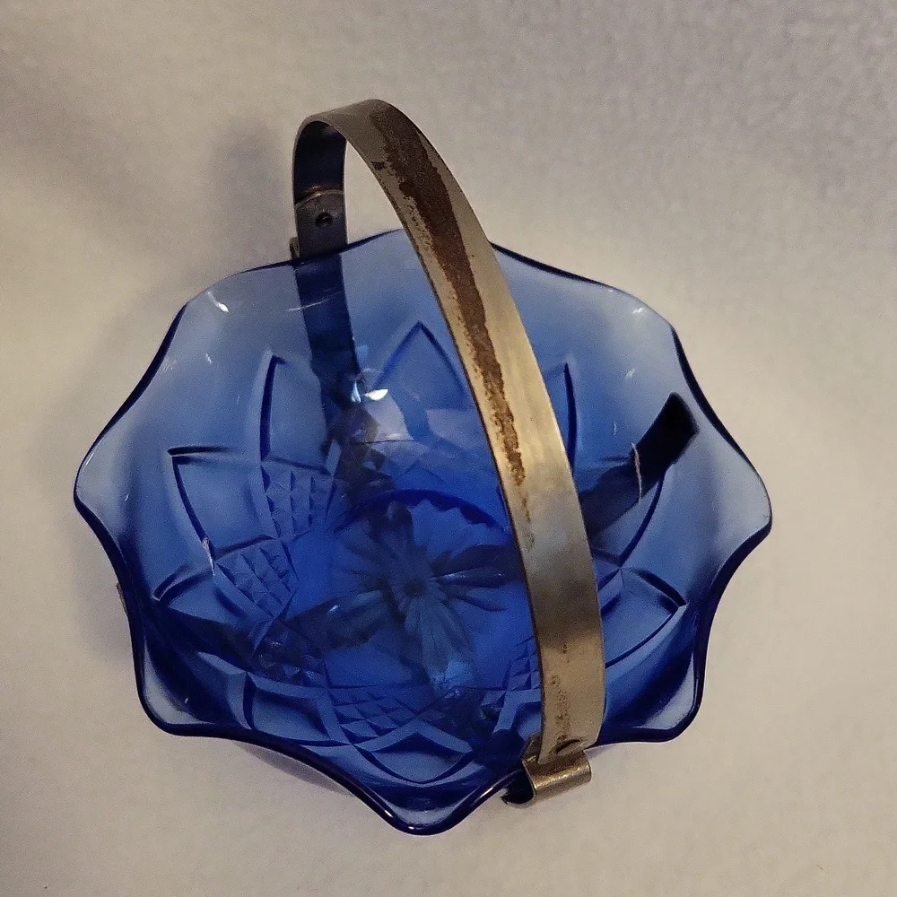 Vintage Cobalt Blue Glass Bowl with Metal Handle
